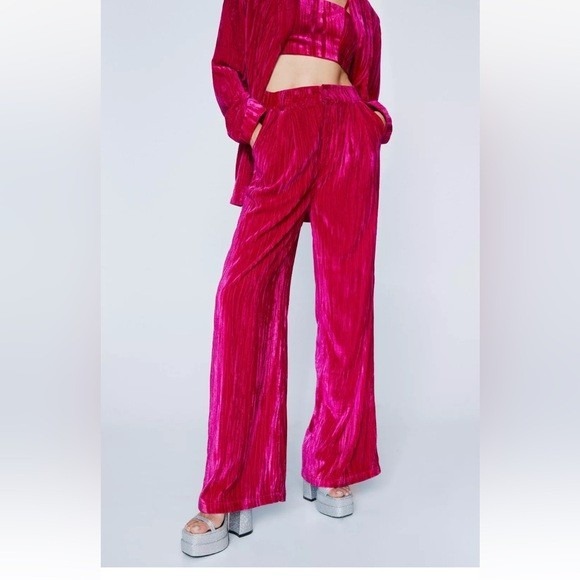 Nasty Gal Pants - Nasty Gal Collection Velvet Trousers Hot Pink Excellent Wide Leg High Rise Pants